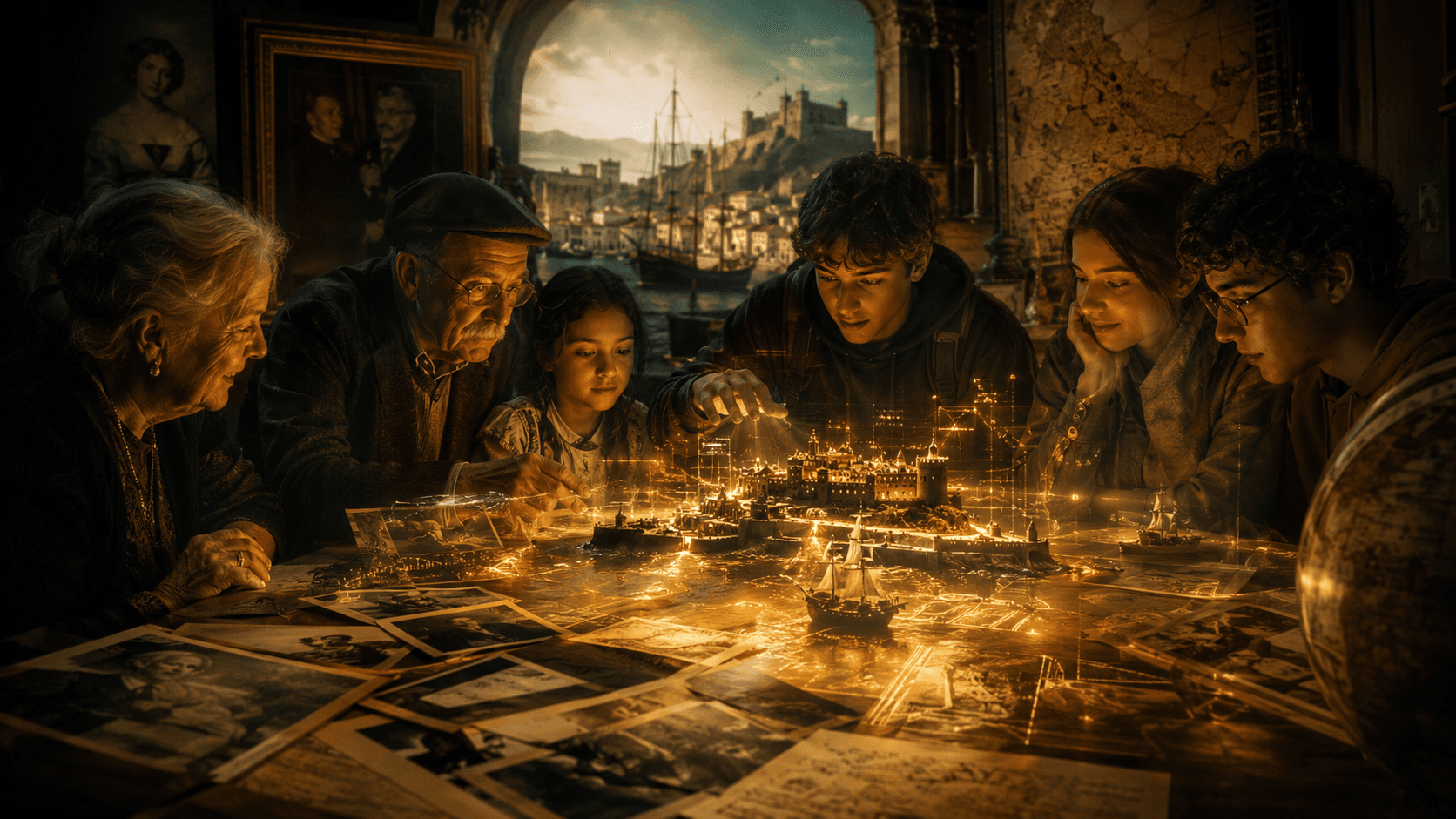 Três gerações de uma família reunidas à volta de um mapa luminoso da sua terra